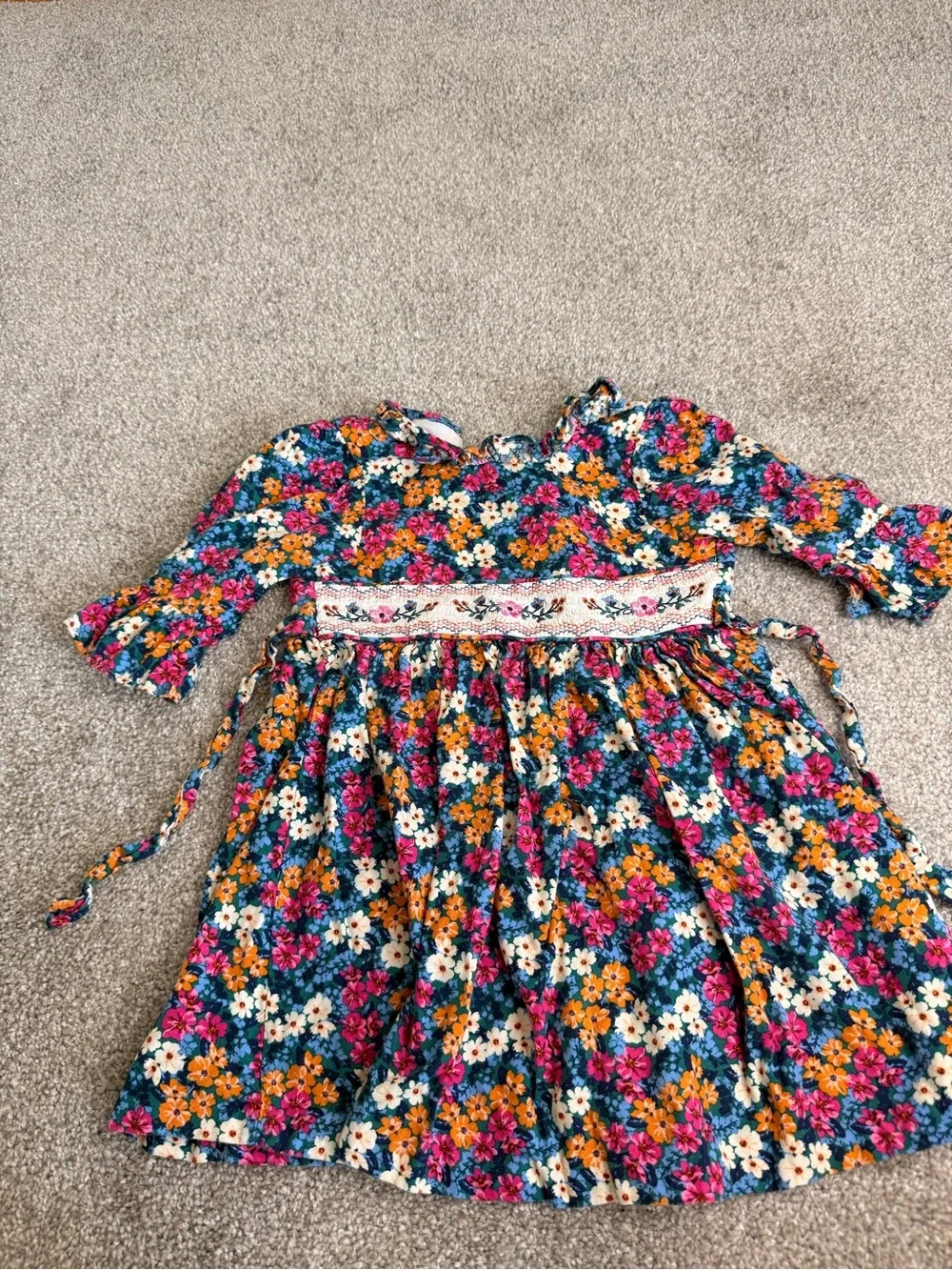 Girls Floral Smocked Waist Dress - Teal Multicolor